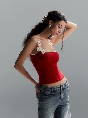 Commense Red Cami with Floral Strap Accents